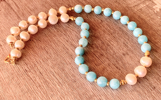 Brit Handmade Aquamarine, Cultured Pearls, and Gold Plated Hematite Choker