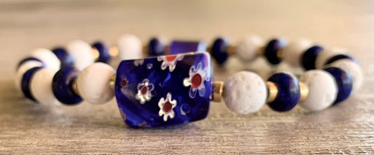 Nisha Handmade Lapis Lazuli, White Lava Stone, Gold Plated Hematite, Austrian Crystal, and Millefiori Bracelet - Born Mystics